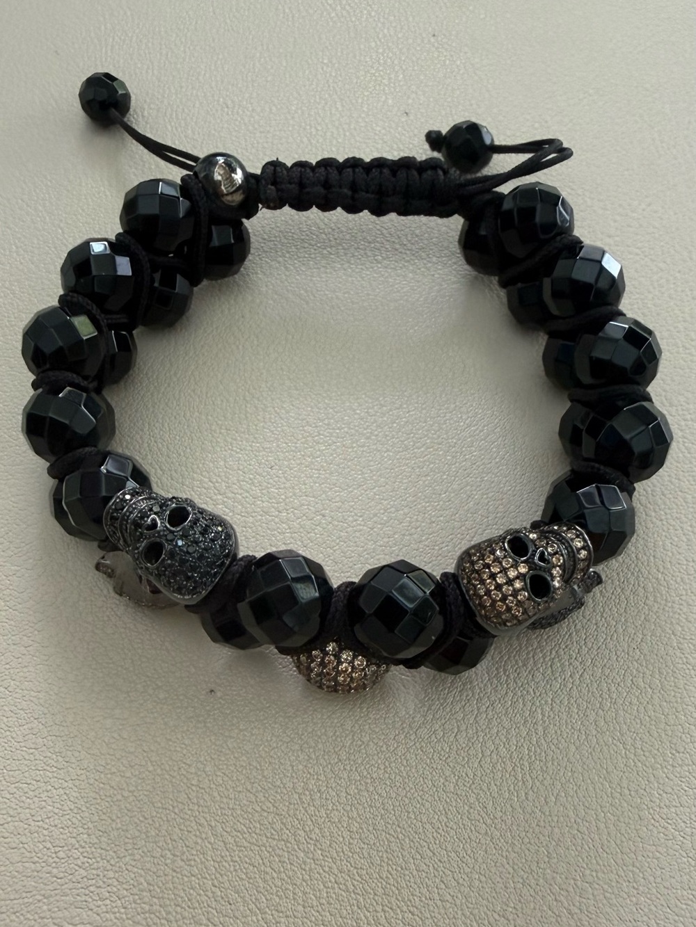 Black Faceted Bead Bracelet with Pave Skull Accents